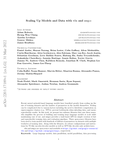 First page of Scaling Up Models and Data with t5x and seqio